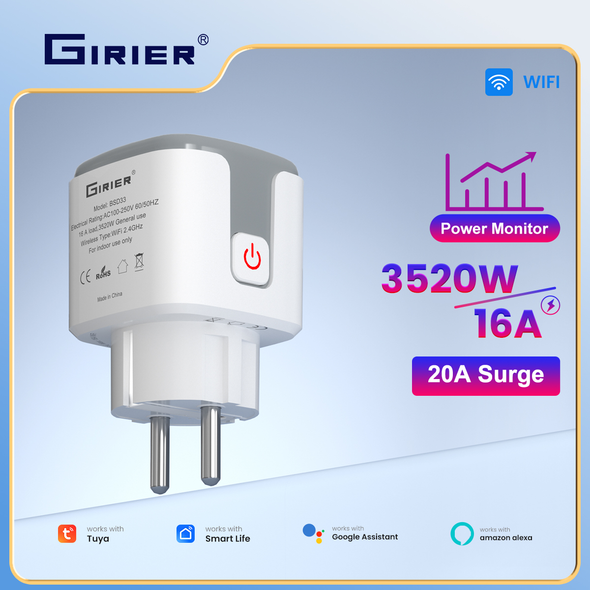 GIRIER Tuya Smart WiFi Power Plug ZigBee 16A Wall Socket 3520W with Energy Metering Timing Function Works with Alexa Hey
