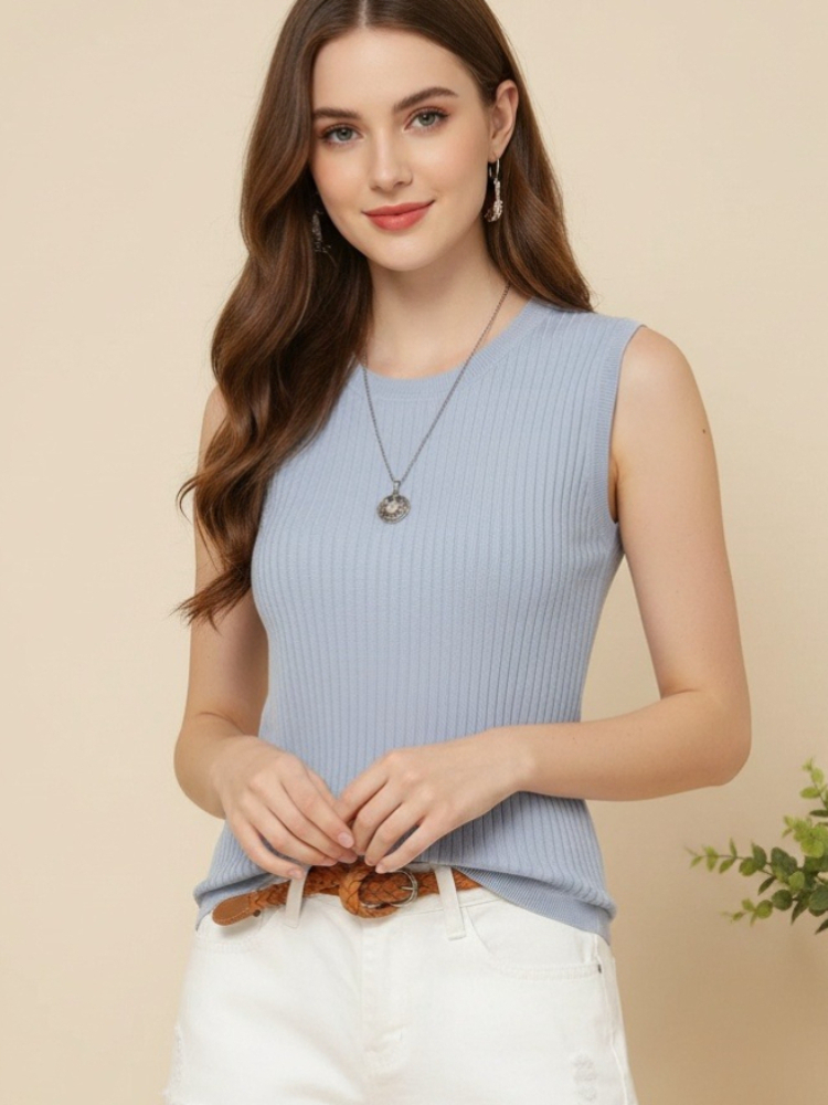 2026 Korea Knitted Vests Women Top Summer Sleeveless Blouse Women Tops Women O-neck Knitted Blouse Shirt Clothes