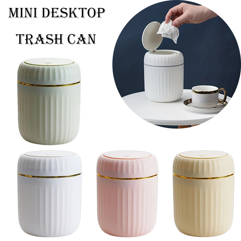 Mini Desktop Trash Can Plastic Gold Rim Odor Resistant Stackable Pastel Colors for Office Bedroom Living Room Study Home Organiz