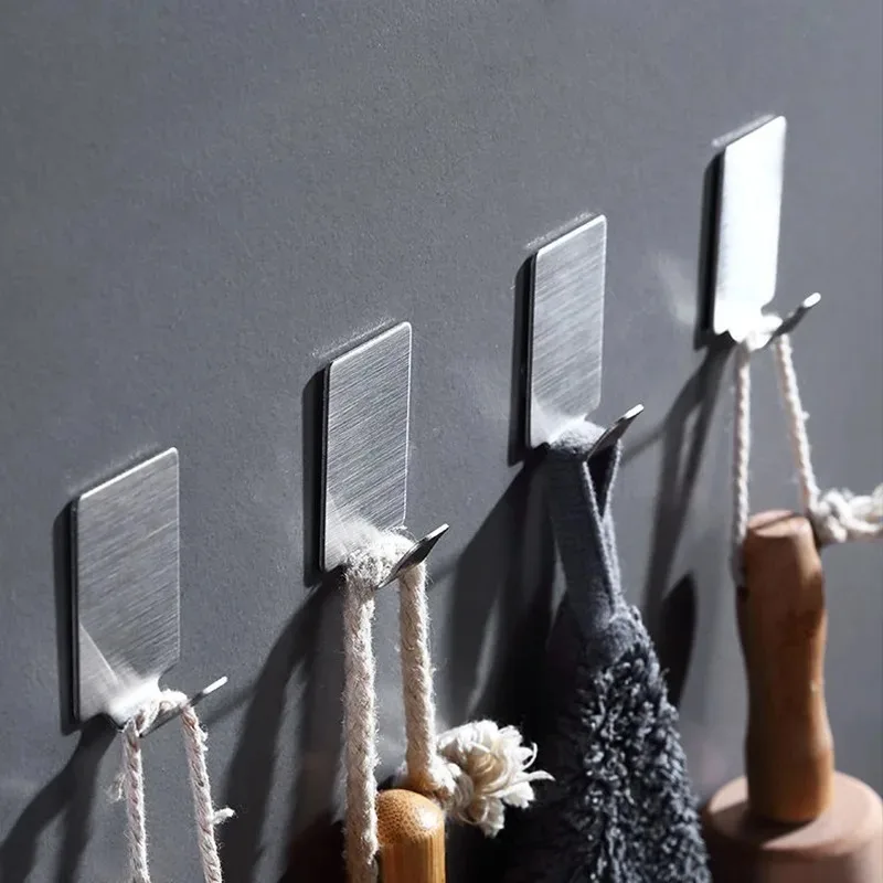 10PCS Mini Self Adhesive Hook Stainless Steel Heavy Duty Wall Hanger Hooks Bathroom Clothes Towel Storage Rack Kitchen Organizer