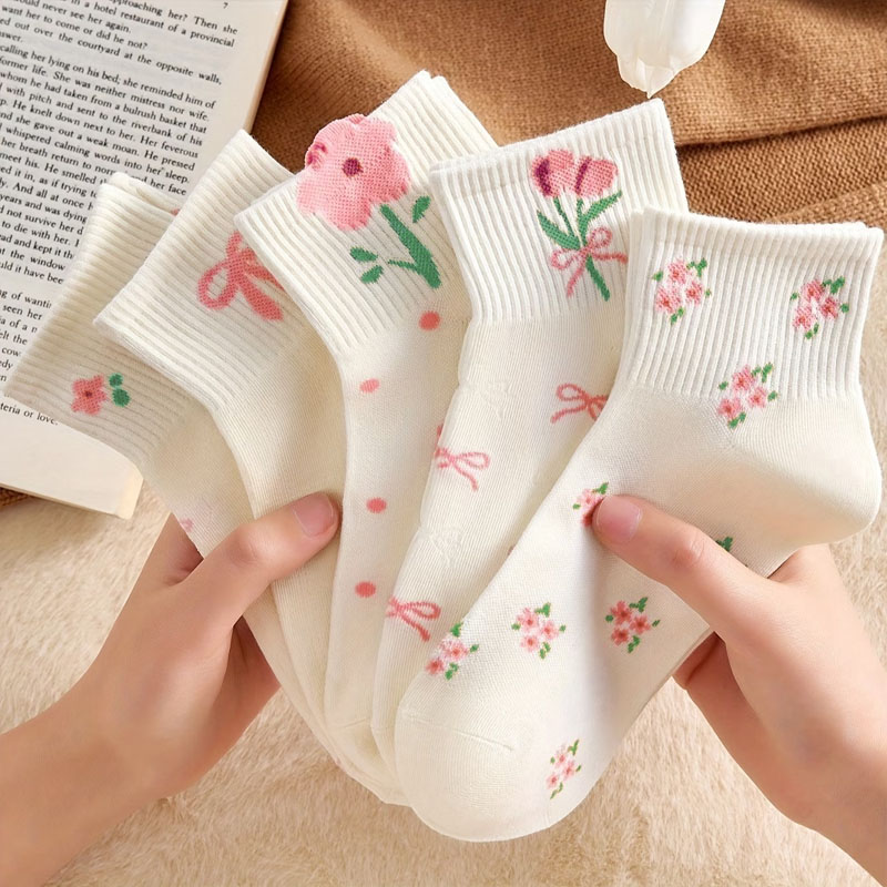 5 Pairs Girls Socks Cute Small Floral Pattern Bow Flower Comfortable Breathable Kids Socks