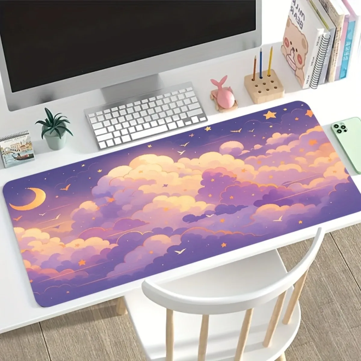 Dreamy Purple Clouds Moons Stars Mouse Pad Non-Slip Washable Spacious Durable Desk Mat for Computer Gaming