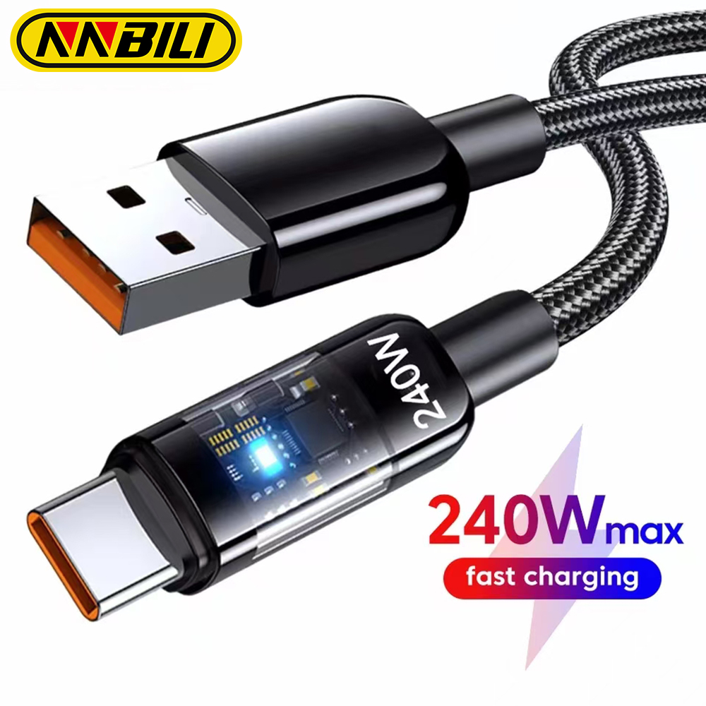 NNBILI USB C Quick Charging Cable 240W Nylon Braided Transparent Type C High-speed Charger Wire for Mi Data Line