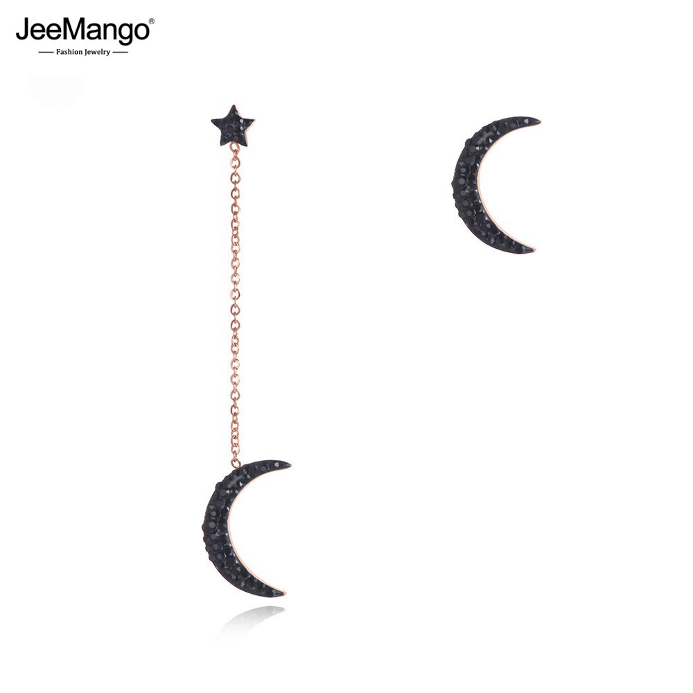 JeeMango Trendy Stainless Steel Star Moon Asymmetry Earrings Black Clay Rhinestone Praty Ear Jewelry For Women JE19167