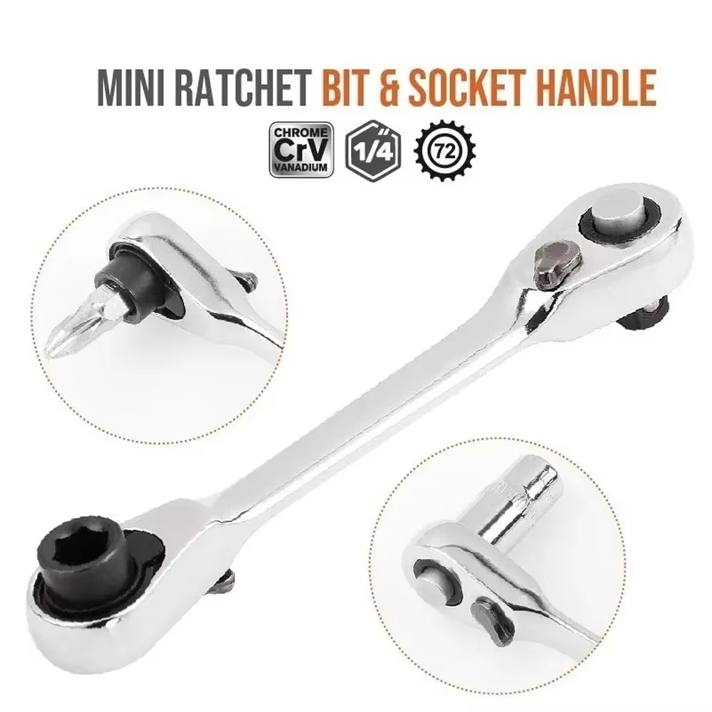 Mini 72 Tooth Double Headed Ratchet Wrench 1/4 Inch Drive Socket Adapters Screwdriver Bit Driver Quick Release Handle Hand Tools