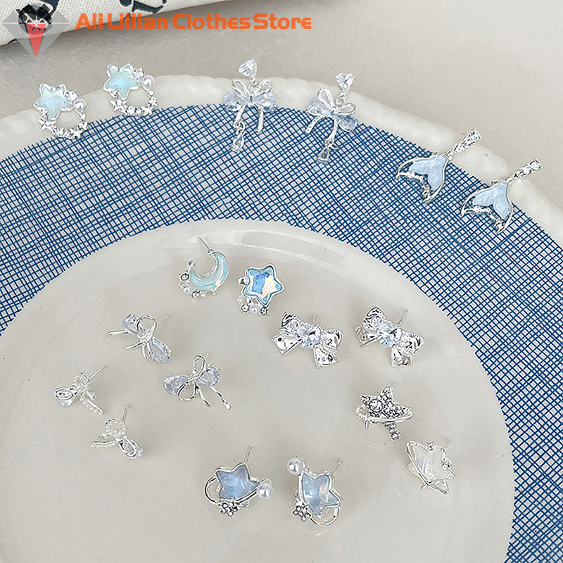 1Pair Korean Style Blue Zircon Star Moon Stud Earrings For Women Exquisite Sweet Cute Temperament Earrings Wedding Jewelry