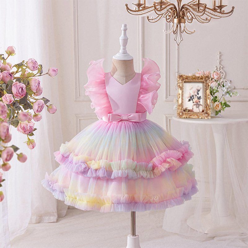 Baby New Mesh Princess Dress Girls Fashion Seven Colorful Tutu Kids Prom Dresses Birthday Party Halloween Dresses