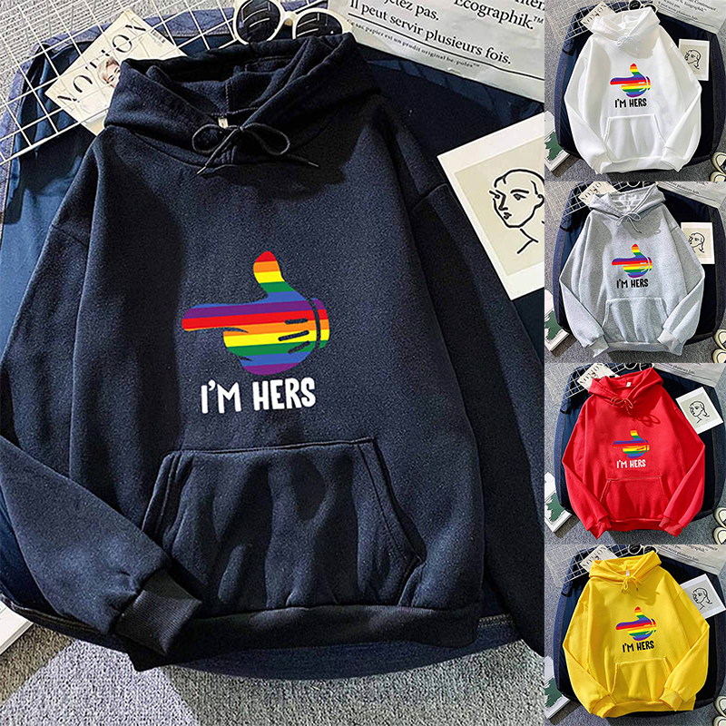 New Style I Am Hers Rainbow Couple Funny T-Shirt High Quality imple Casual Hoodies Autumn Winter Loose Oversized Streetwear