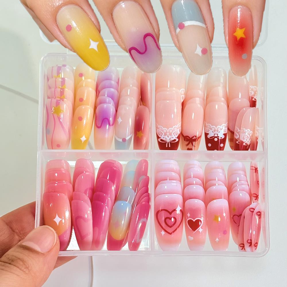 120Pcs Dopamine Gradient Press On Nails Heart Star Bow Dot French Fake Nailtip Sweet Girl Valentine's Day Almond False Fingertip