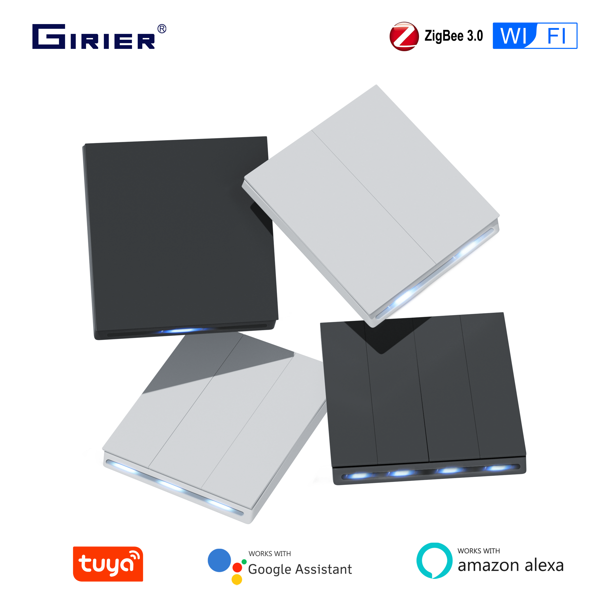 GIRIER ZigBee Wall Switch Tuya Smart Button Light Switches 1/2/3/4 Gang Support Neutral or without Neutral Wire Works with Alexa