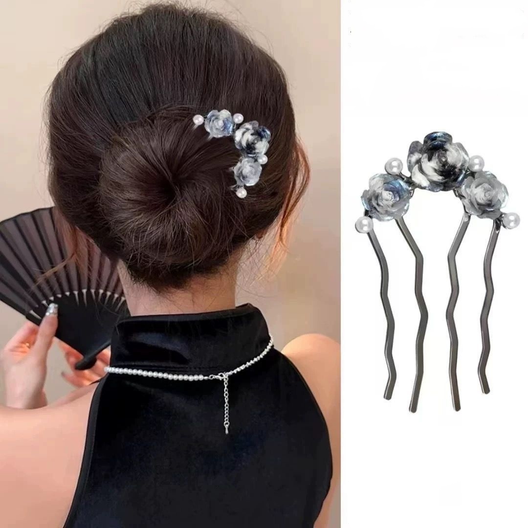 Rose Flower Chinese-Style Hair Comb, U-Shaped Insert Comb, Ancient Style Bun Hairpin for the Back of the Head, an Elegant Hair Accessory