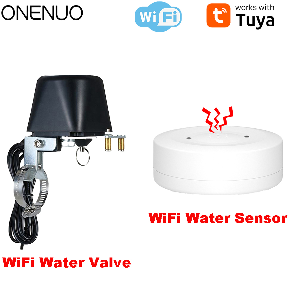 Tuya WiFi Water Leak Sensor and WiFi Water Valve Smart Life Remote Monitor Linkage Function Turn On/Off Water APP Alert Notice