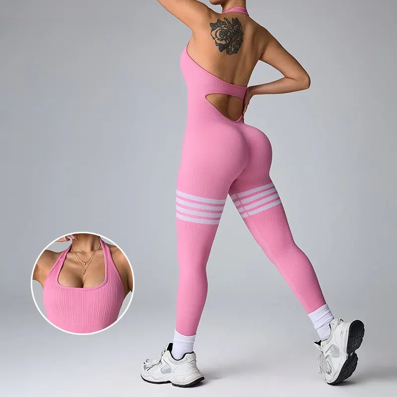 New Neckband Jumpsuits Women Striped Skinny Bodysuit Seamless Backless Sportwear Workout Running Yoga Jumpsuit Pants - image 1