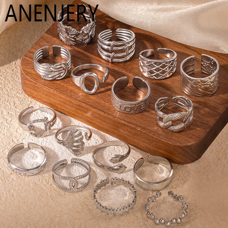 ANENJERY 316L Stainless Steel Crossed Wires Shell Letter Ring for Women Men Niche Vintage Jewelry Wholesale