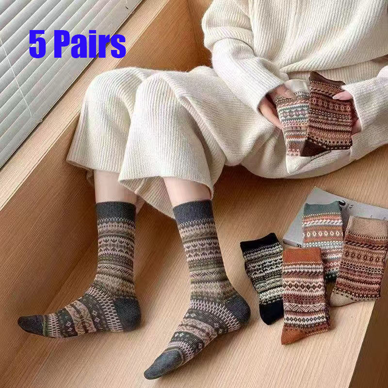 5 Pairs Women's Mid-Calf Socks Autumn Winter Retro Ethnic Style Cotton Socks Melange Japanese Style Pile Socks