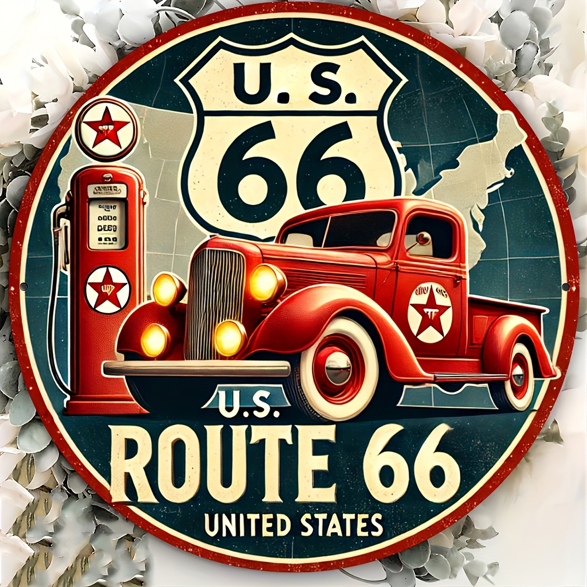 2D Flat, 2D Plane 1pc - Vintage Route 66 Wooden Round Sign Home Decor Hanging Plate and Plaque - 8x8 Inch Elegant HD Printed Wal