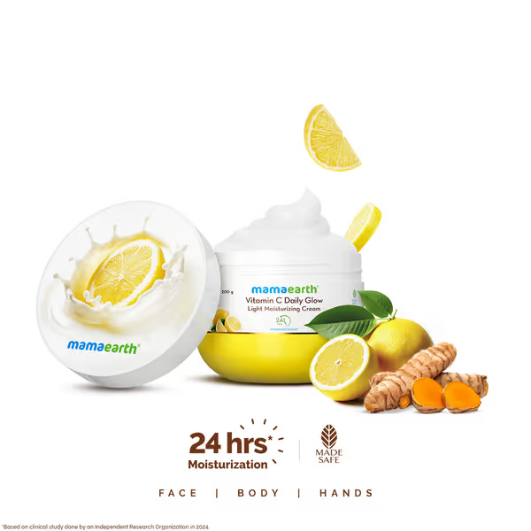 Mamaearth Vitamin C Daily Glow Light Moisturizing Cream with Vitamin C & Turmeric 200G | For Face, Hand & Body | 24H Moisturization | Quick Absorbing, Non-Greasy |