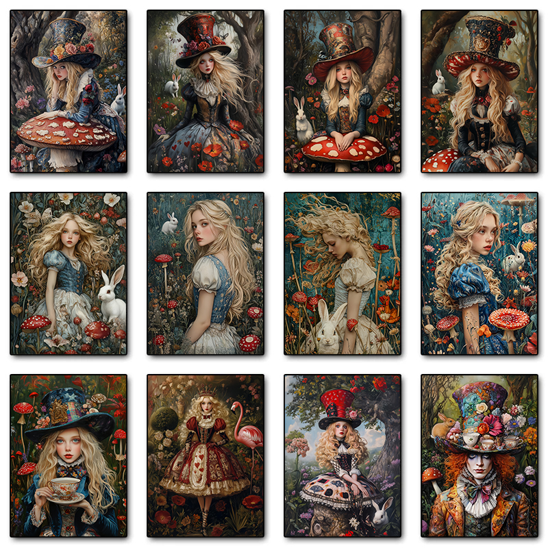 1pc frameless canvas painting Poppy Field Alice in Wonderland Rabbit Gothic Fairytale Fantasy Posters Canvas Printing Wall Art P