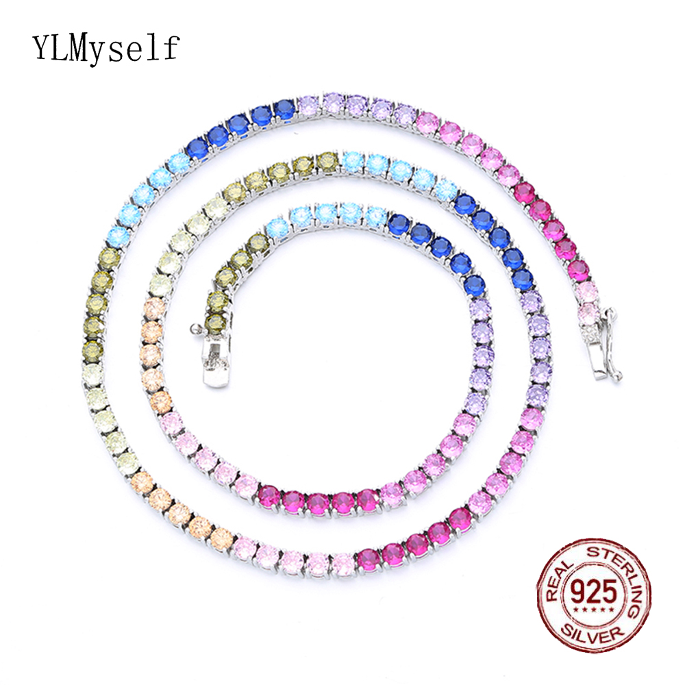 YLMyself 925 Sterling Silver Rainbow Zircon Tennis Chain Necklace 16-24 Inch Pave Setting Sparkly Hypoallergenic Jewelry