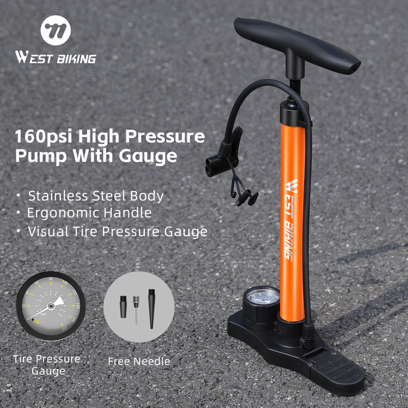 WEST BIKING 160PSI Bike Pump With Gauge Portable Stainless Steel Bike Pump Schrader Presta Valve Inflator Bike Accessories