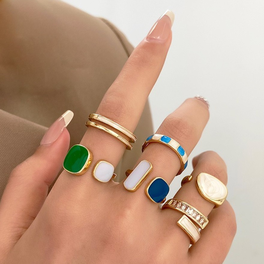 6pcs Fashion Retro Emerald Moonlight Stone Opening Ring Set For Women Daily Wear Party Dating Jewelry Accessories Versatile Gift