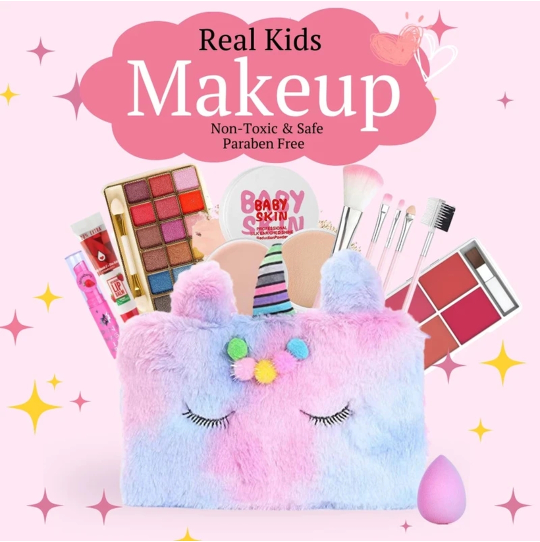 Unicorn Kids real make-up kit for teens and girls with Unicorn Fur Bag - Non toxic Washable ( Pack Of 12) by HH