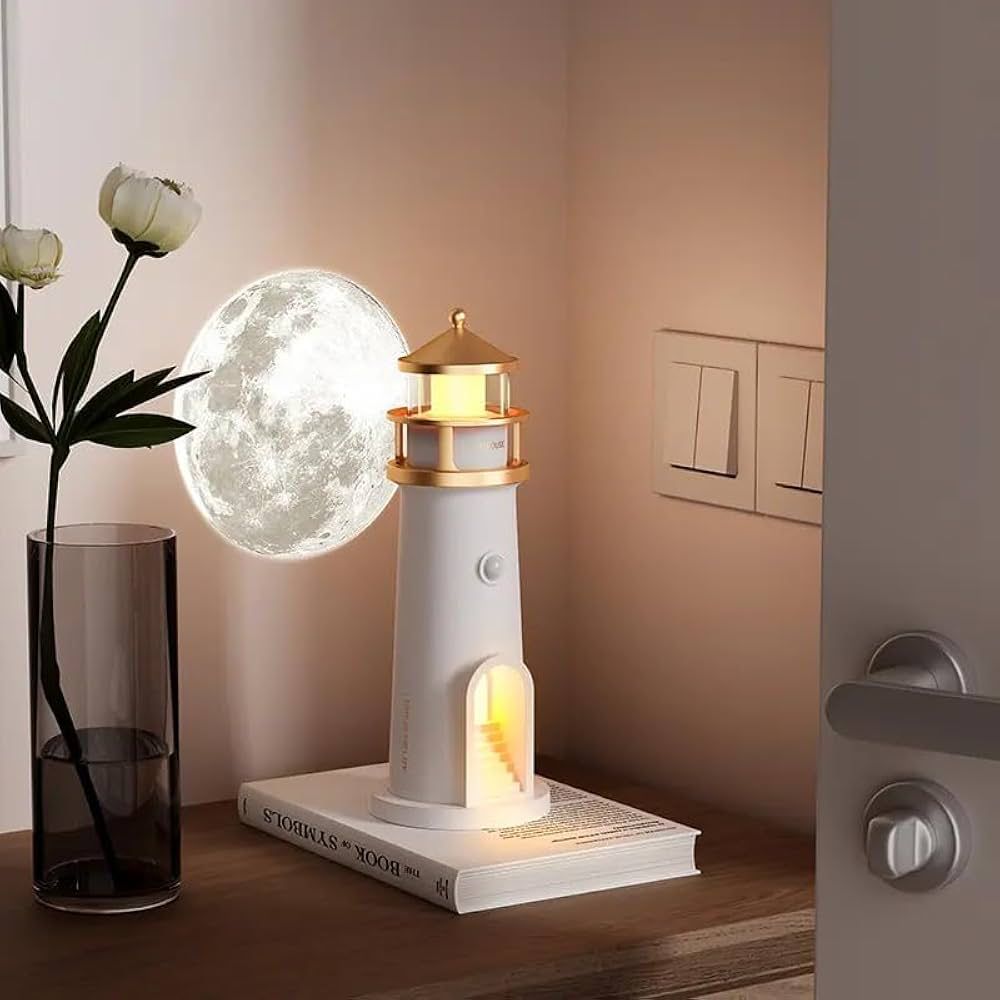 BKN Moon Lamp Projector Night Light, Lighthouse Decor Light Night Light for Kids, Moon Light's Galaxy Projector Rechargeable LED Aesthetic Table Lamp Christmas Birthday Gifts for Kids Boys Girl