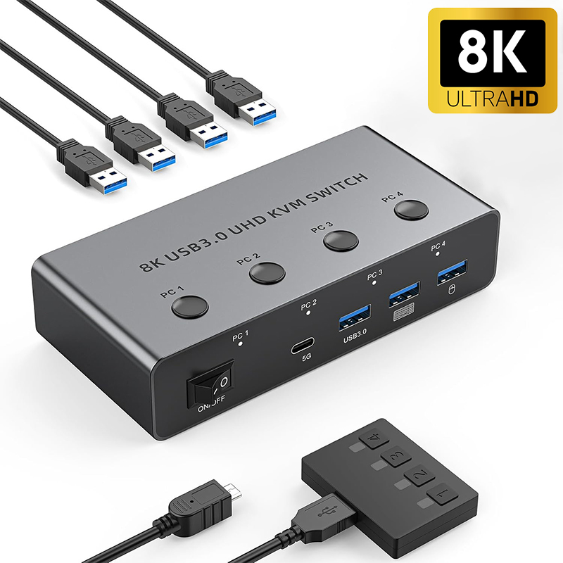 8K@60Hz HDMI KVM Switch 4 Computers 4K@120Hz HDMI 2.1 USB 3.0 KVM Switch 4 PC Share 1 Monitor Keyboard Mouse Hard Drives Printer