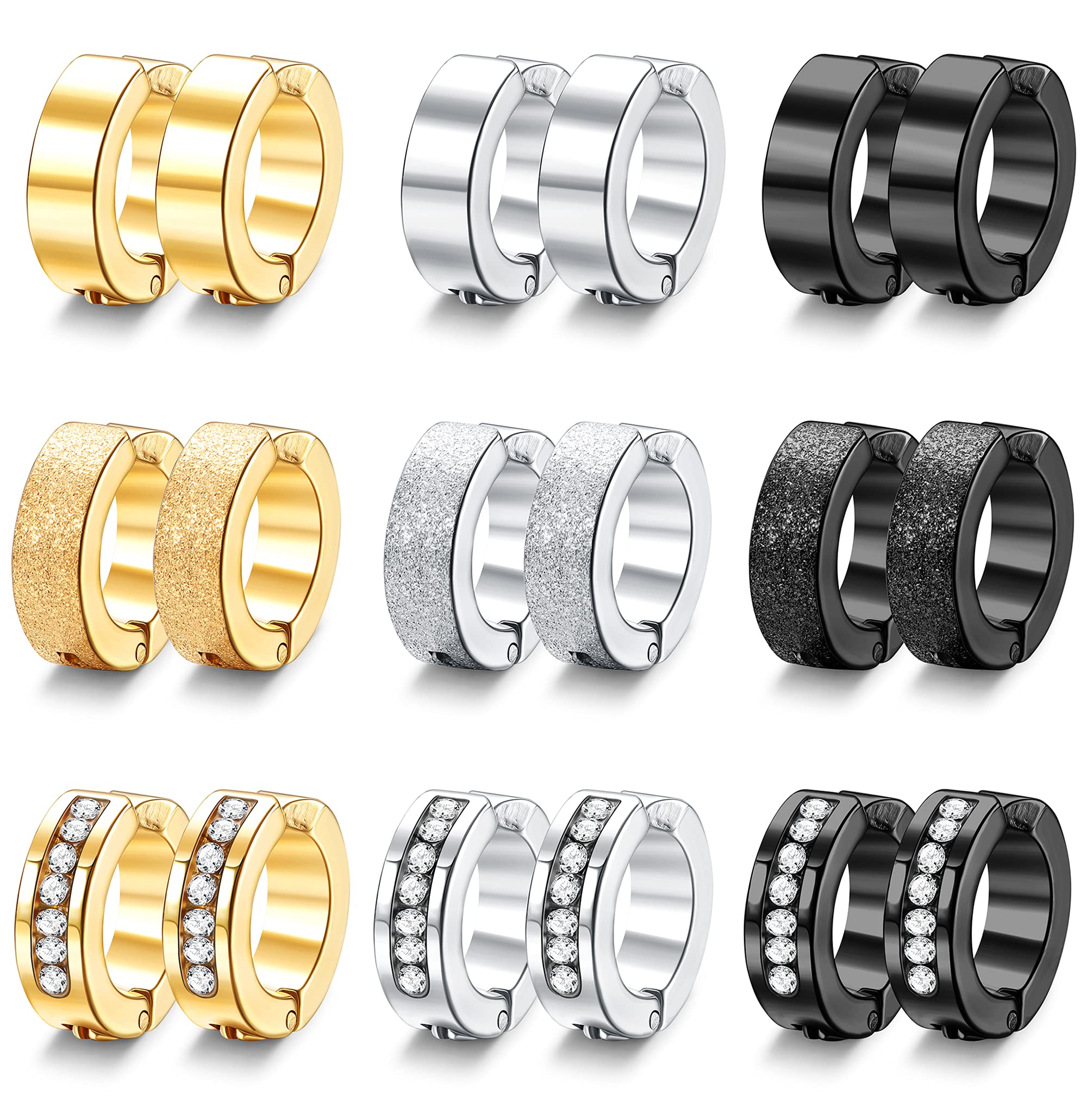 1 Pair/9 Pairs Non-Piercing Earrings Stainless Steel Clip On Hoop Earrings For Men Women Paved CZ Ear Clip Earrings Set