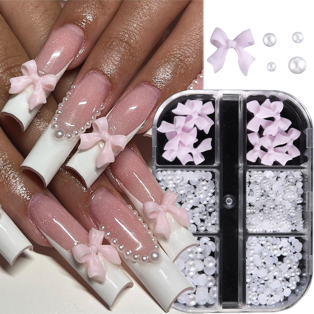 1 Box Kawaii Mini Bow 3D Cute Nail Art Decorations White Pearls Nails Charms Designs DIY Pink Bowknot Resin Nail Accessories