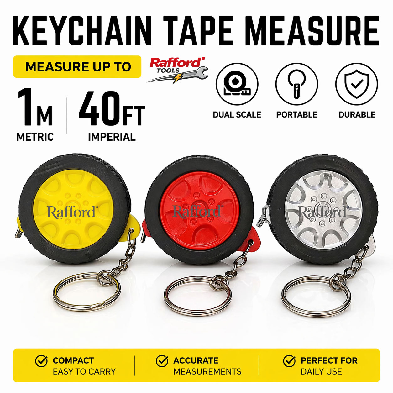 Rafford Mini Keychain Tape Measure 1m/40in Retractable Pocket Ruler with Key Ring, Dual Scale Metric/Imperial Measuring Tool