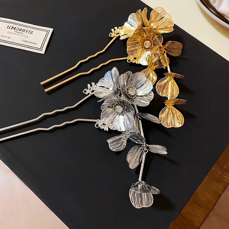 Gold Silver Color Hollowed Flower Rhinestones Metal Style Long Fringe Hair Sticks for Women Hairpins Fashion Head Accessories