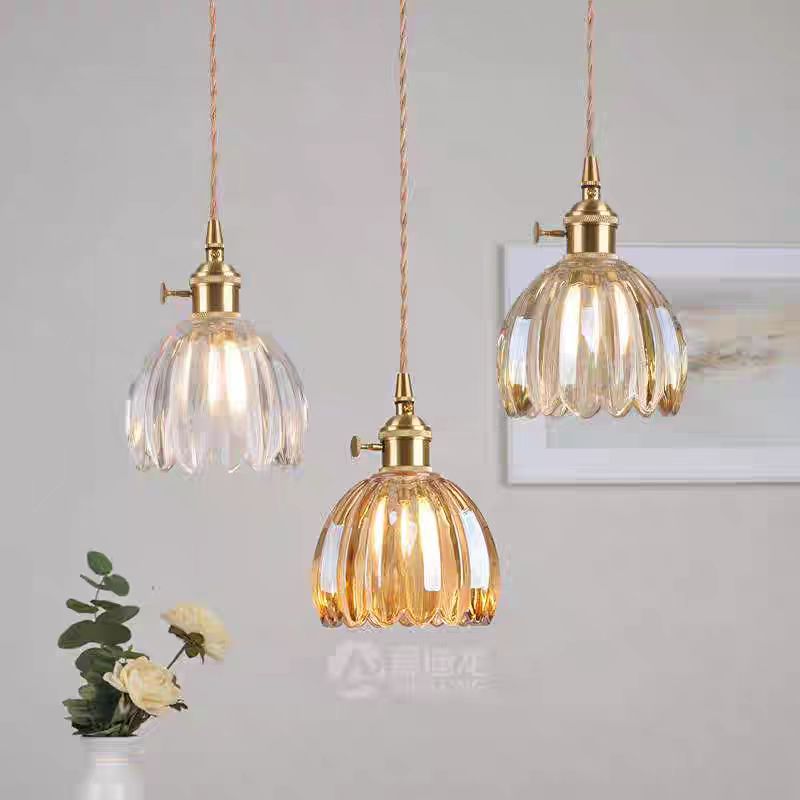 Retro High-End Glass Flower Dining Room Bedroom Long Line Small Pendant Lamp With Switch Bar Counter Pendant Lamp E27