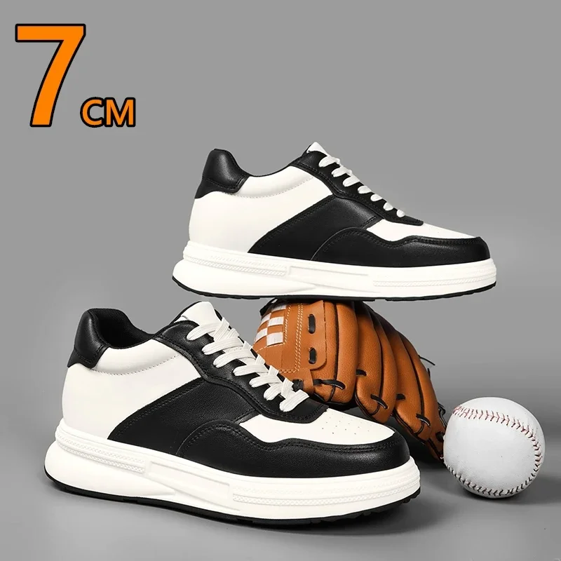 7cm Men's Height Increasing Shoes Genuine Leather Casual Sneakers Comfortable Breathable Elevator Sports Shoes for Fashion Daily