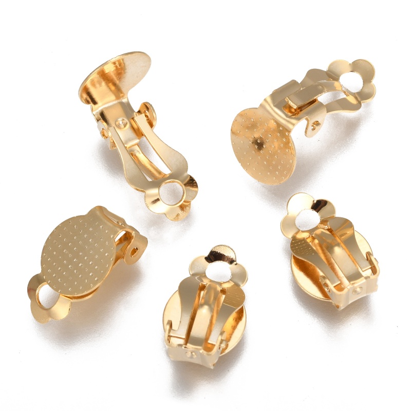 4pc 304 Stainless Steel Clip-on Earring Findings with Round Flat Pad Flat Round Golden Tray: 9.8mm 16x10x7mm