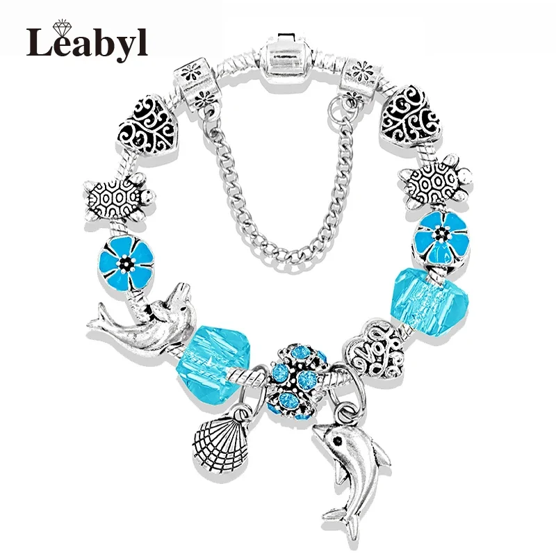 Casual Ocean Silver Color Dolphin Shell Charm Bracelet Blue Crystal Flower Bead Bracelet Animal Pendant Bracelets