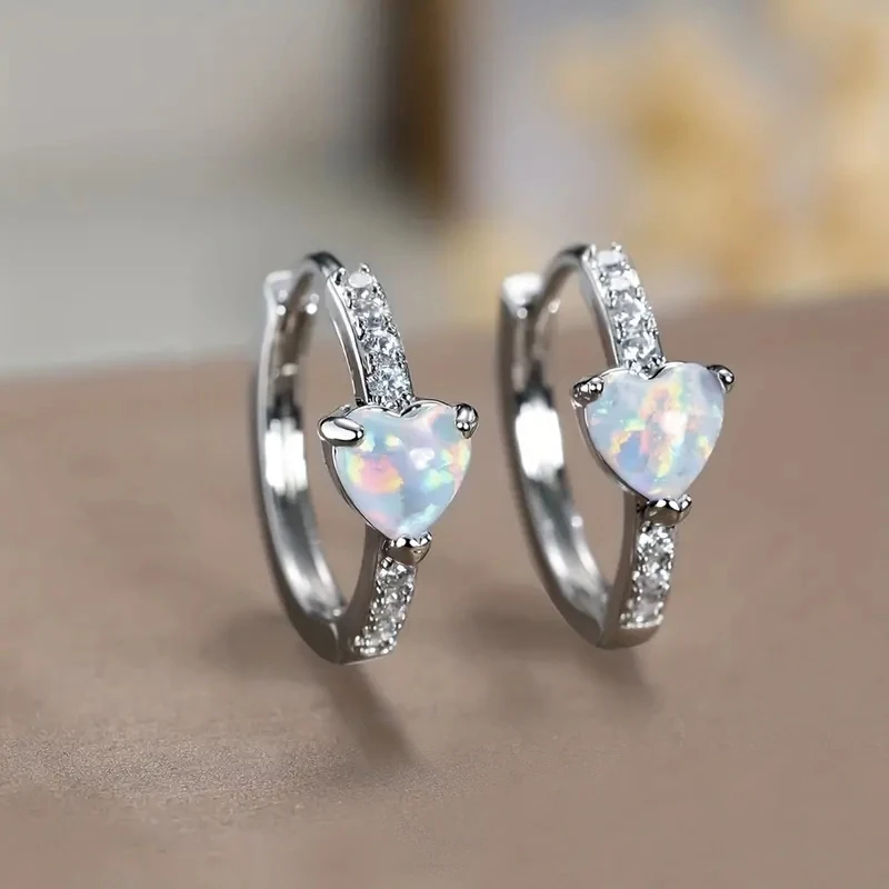 Huitan Trendy Colorful Imitation Opal Heart Hoop Earrings Sweet Romantic Ear Women’s Accessories Versatile Party Jewelry