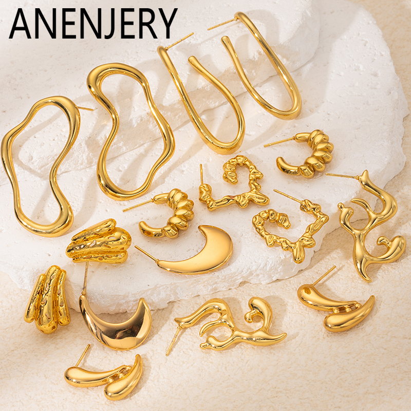 ANENJERY 316L Stainless Steel Irregular Lava Lines Crescent Earrings For Women Simple Temperament Jewelry Wholesale