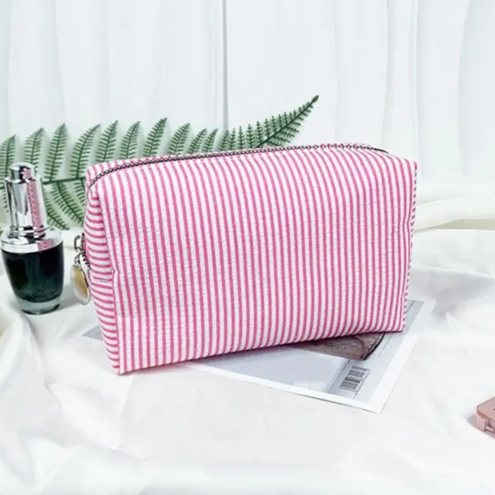 Fashion Women Ruffle Cosmetic Bags Purple Striped Storage Make Up Bags for Women Lady with Zipper Travel Bag Casual Makeup Bag