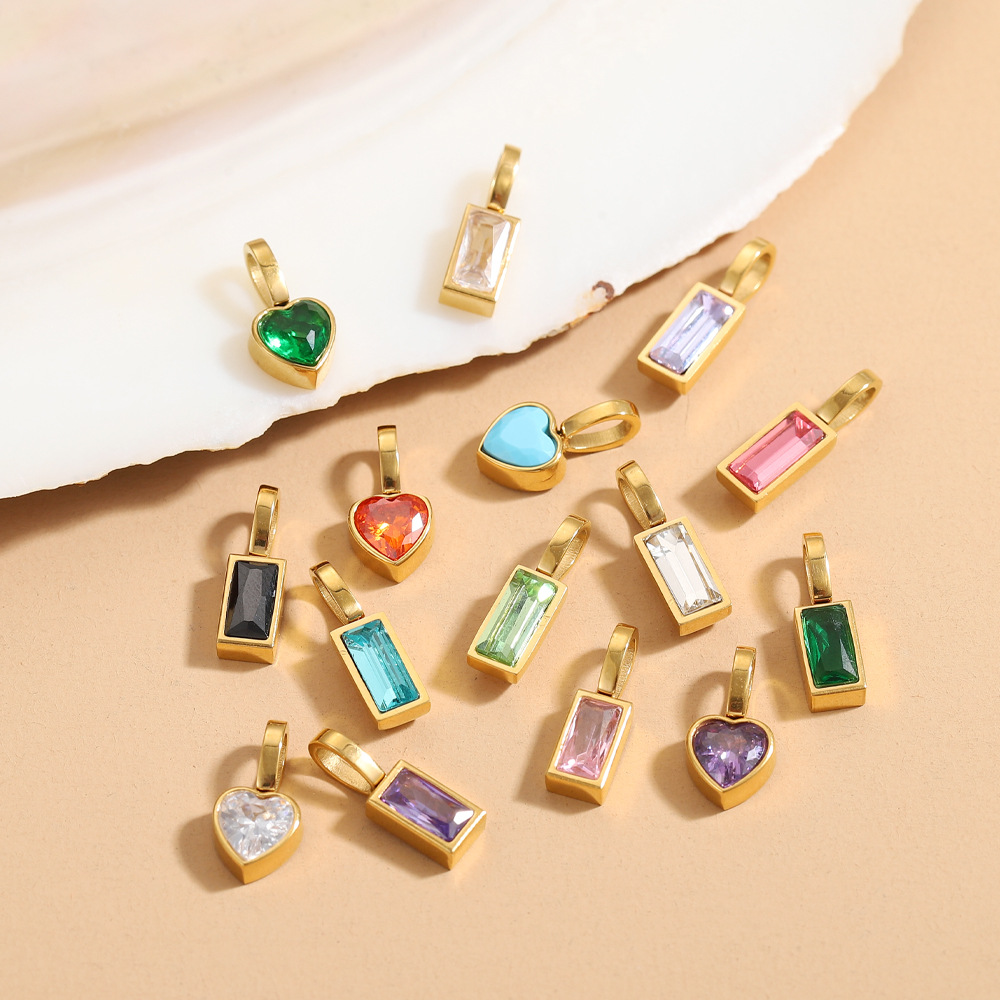 Classic love Heart Square Zircon 12 Birthstone Pendant DIY Pendant Stainless Steel Waterproof Geometric Jewelry Birthday