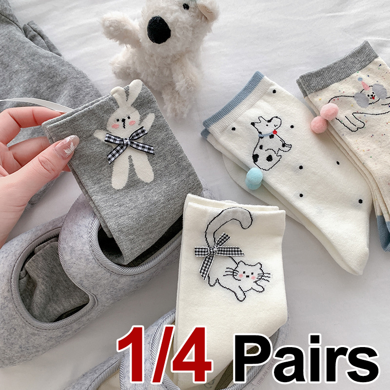 1/4 Pairs Women 3D Cartoon Animal Mid Tube Socks Cute Bow Decoration Comfortable Breathable All Season Casual Socks