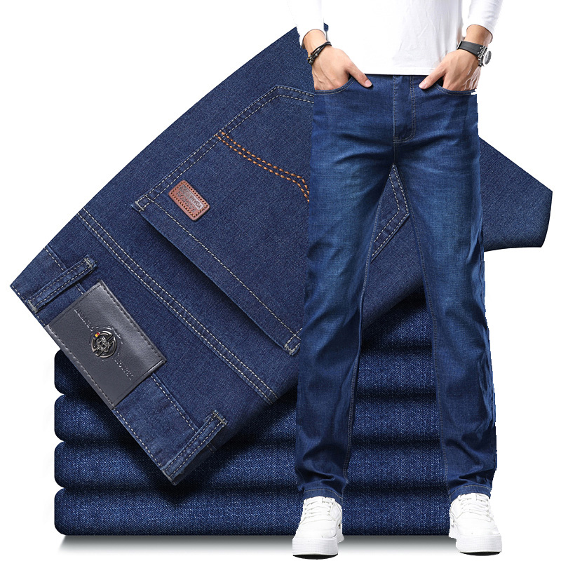 Autumn Winter Classic Men's Stretch Jeans Business Casual Cotton Denim Slim Straight Leg Pants Black Blue Trousers Male