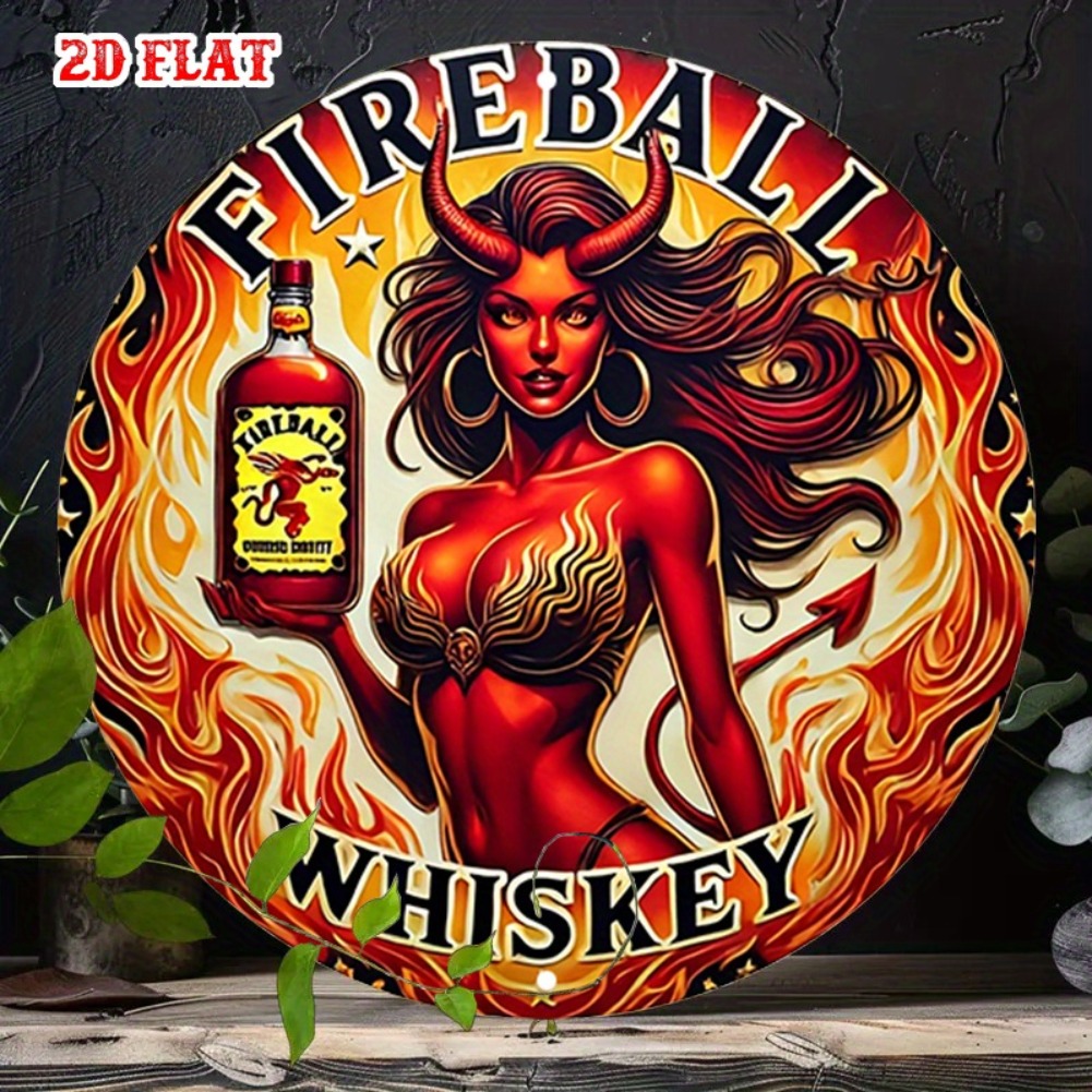 [Vintage Pin-Up Art Sign] 1pc Vintage Pin-Up Art Metal Sign - Devilish Woman with Fire ball Bottle, Red-Haired Devil