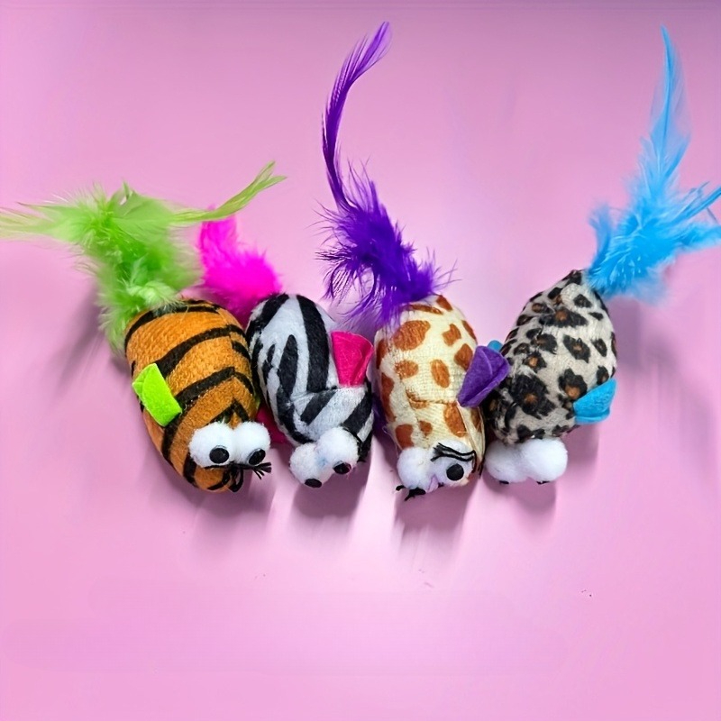 2pcs Simulation Colored Striped Feather Tail Cat Toy Big Eyed Mouse Plush Mouse Pet Interactive Toys Birthday Pet Supplies