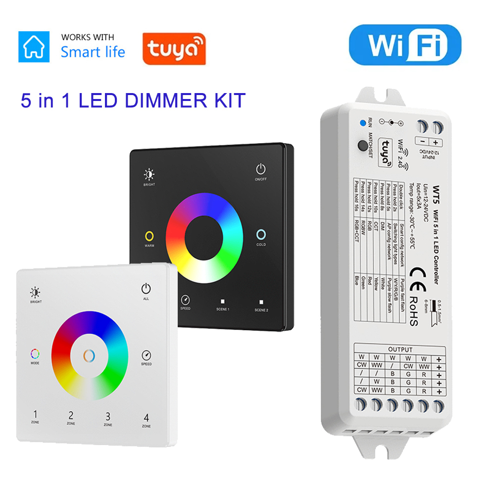 TUYA WiFi 5 In 1 LED Controller KIT RF 2.4G Glass Wall Mounted Touch Panel RGBCCT LED Smart Dimming Control DC 12V 24V Dimmer
