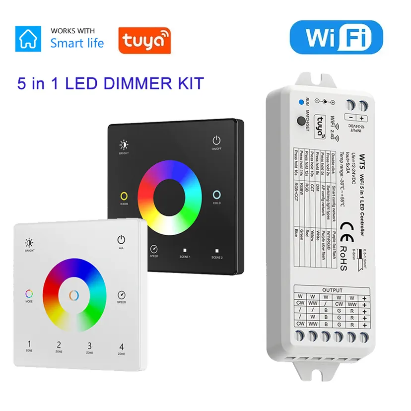 TUYA WiFi 5 In 1 LED Controller KIT RF 2.4G Glass Wall Mounted Touch Panel RGBCCT LED Smart Dimming Control DC 12V 24V Dimmer