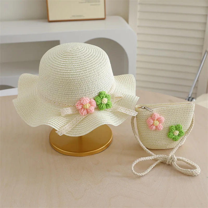 Summer Beach Hat Bag Set for Girls Wide Brim Straw Hat with 3D Floral Lace Bow Crossbody Purse Fisherman Cap Outdoor Accessory