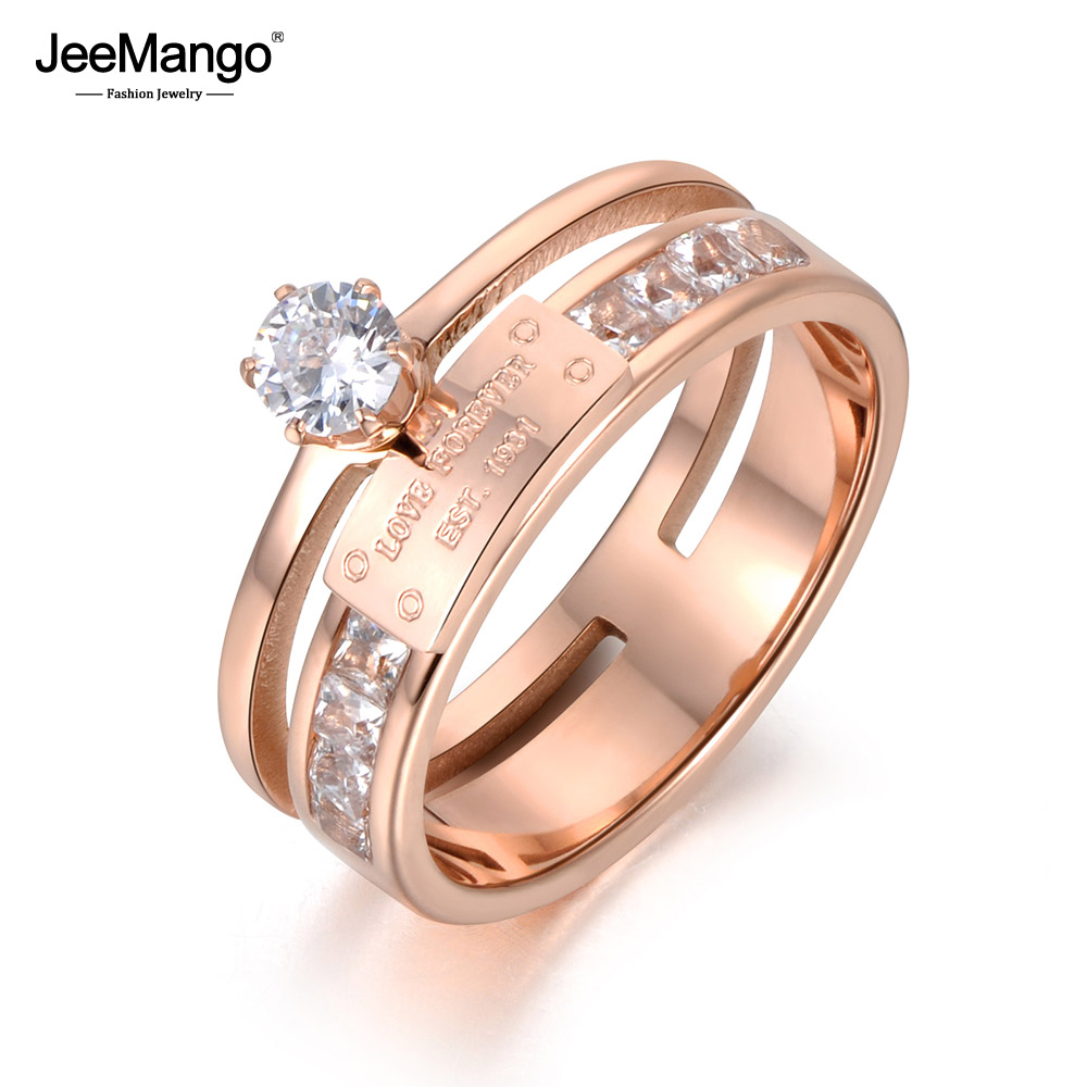 JeeMango Trendy AAA CZ Crystal Setting Rose Gold Color Wedding Rings Jewelry Stainless Steel Rhinestone Engagement Ring JR18049