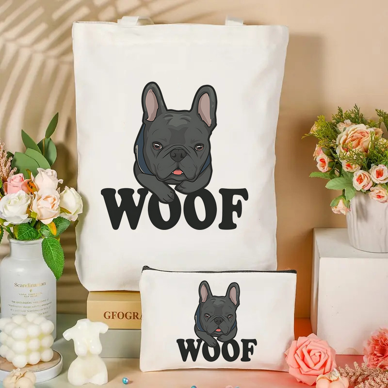 Kawaii French Bulldog Printed Shopping Bag Set Funny Kawaii White Unisex Fashion Travel Canvas Bags Makeup Bag