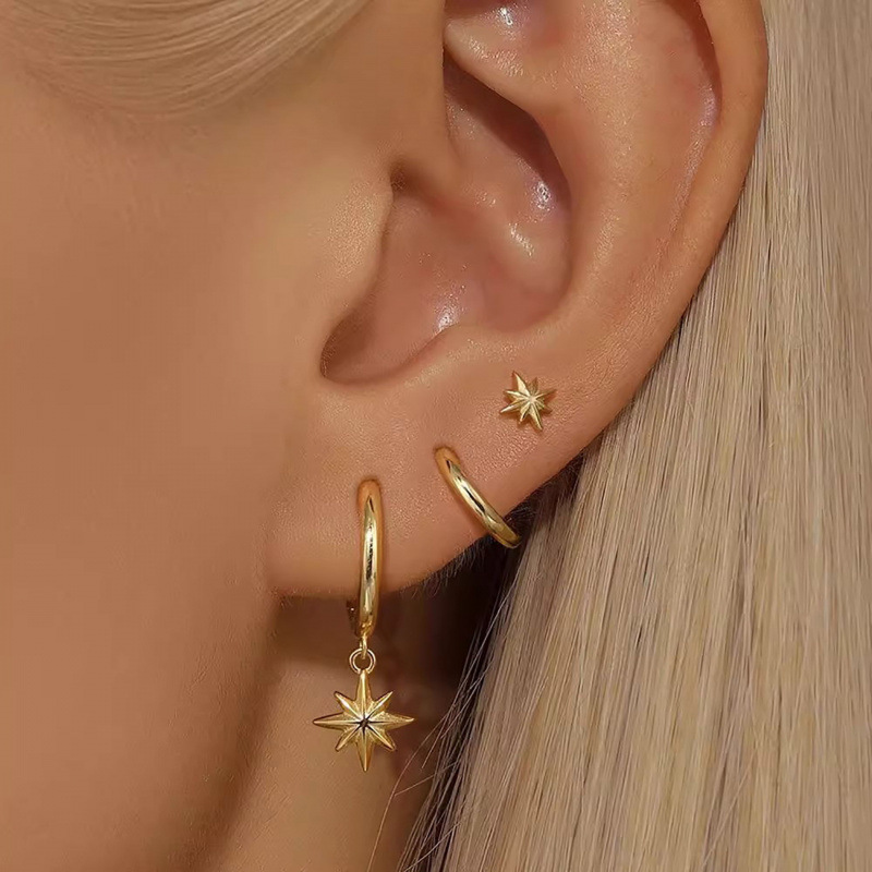 EVISPOL 3Pcs Fashion Stainless Steel Star Drop Hoop Earrings for Women 18K Gold Plated Dangle Earring Punk Stud Earring Jewelry